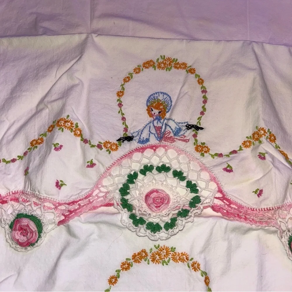 Embroidered Floral White Pillowcases Vintage hand detailed pair